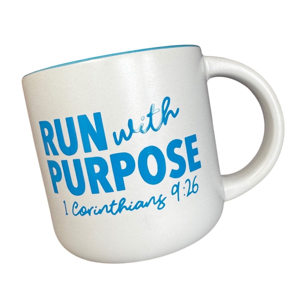 Fleet Feet Superfeet Run With‎ Purpose Mug 1 Corinthians 9:26 Blue White Ceramic